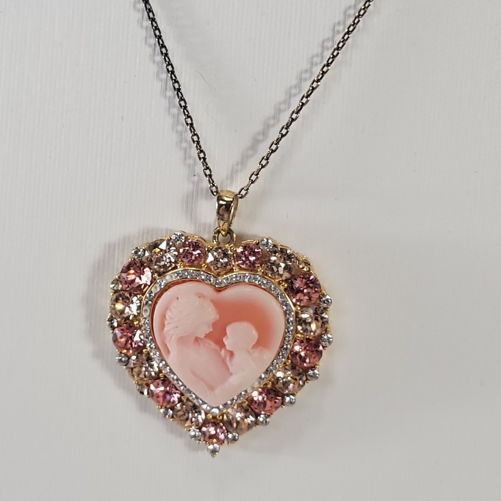 RL Mother Daughter Heart Cameo Necklace Women Pink Gold Vermeil 925 Jewelry